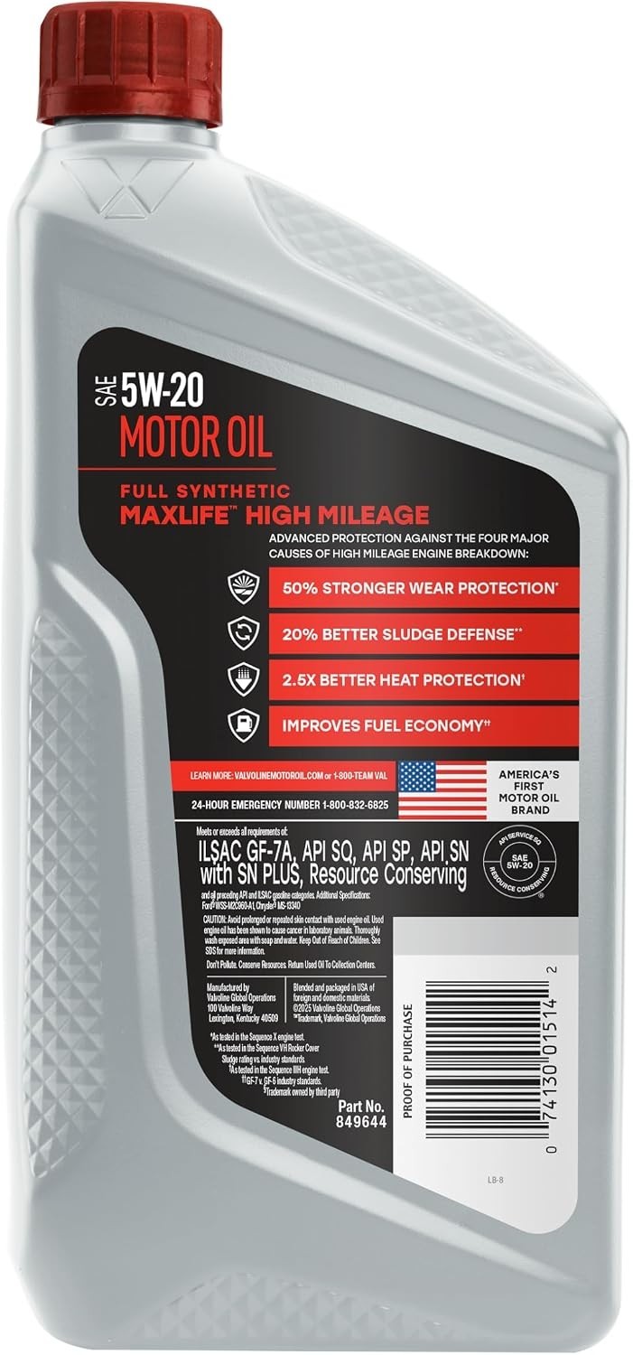 MaxLife Full Synthetic 5W-20 Motor Oil – 1 Qt for High-Mileage Vehicles