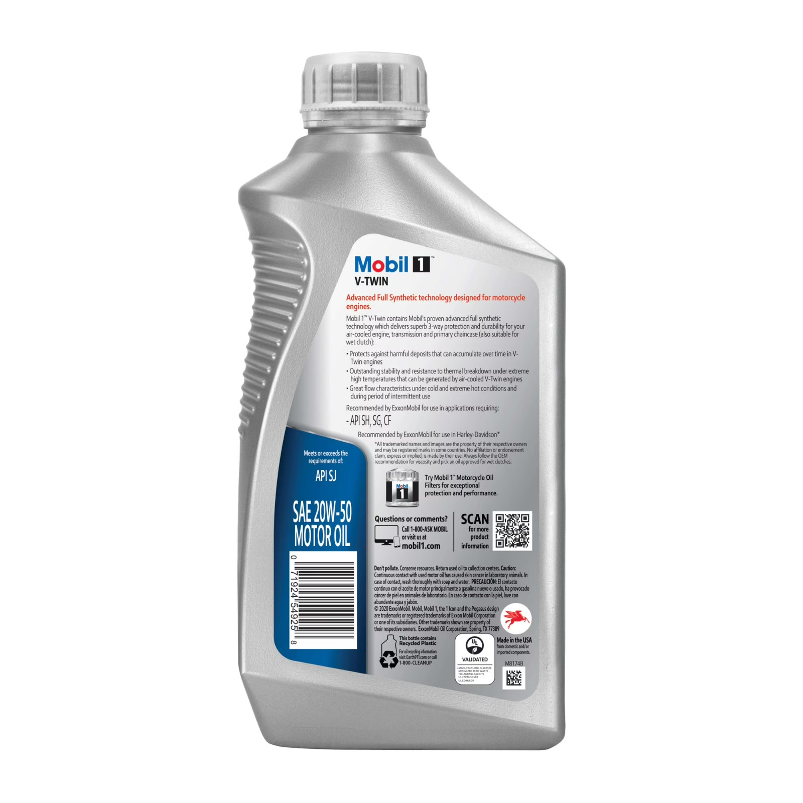 (4 pack) Mobil 1 V-Twin Full Synthetic Motorcycle Oil 20W-50, 1 Quart