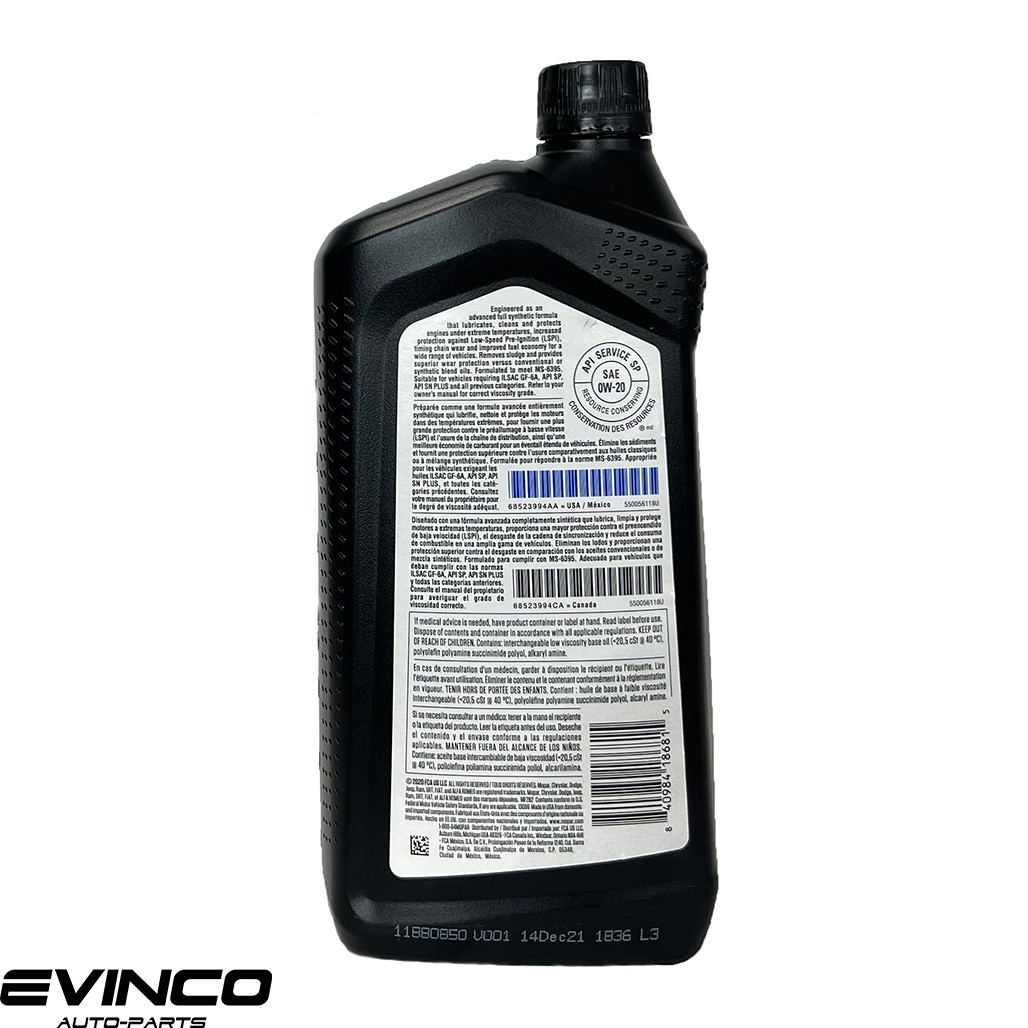 Mopar 0W20 Full synthetic Motor oil Case of 6 quarts Chrysler Jeep Dodge Ram
