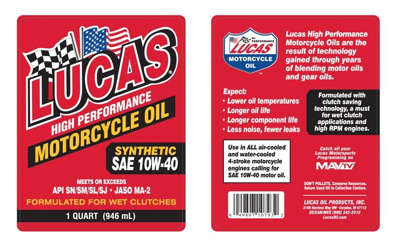 Lucas Oil 10793 Motor Oil SAE 10W-40 1 Quart Bottle Synthetic