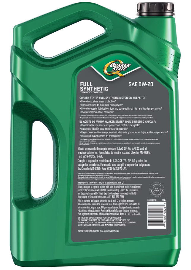 Quaker State Full Synthetic 0W-20 Motor Oil, 5-Quart