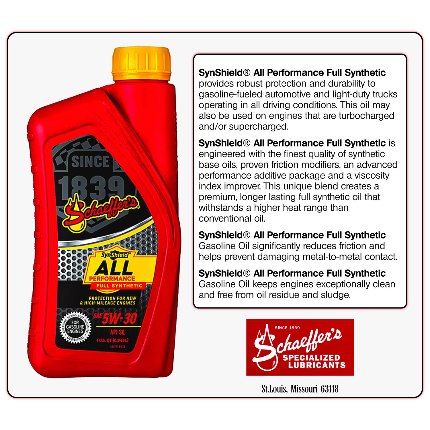 Schaeffer Motor Oil Supreme 9000 – 5W30 – Full Synthetic – 1qt Jug 9003D-012