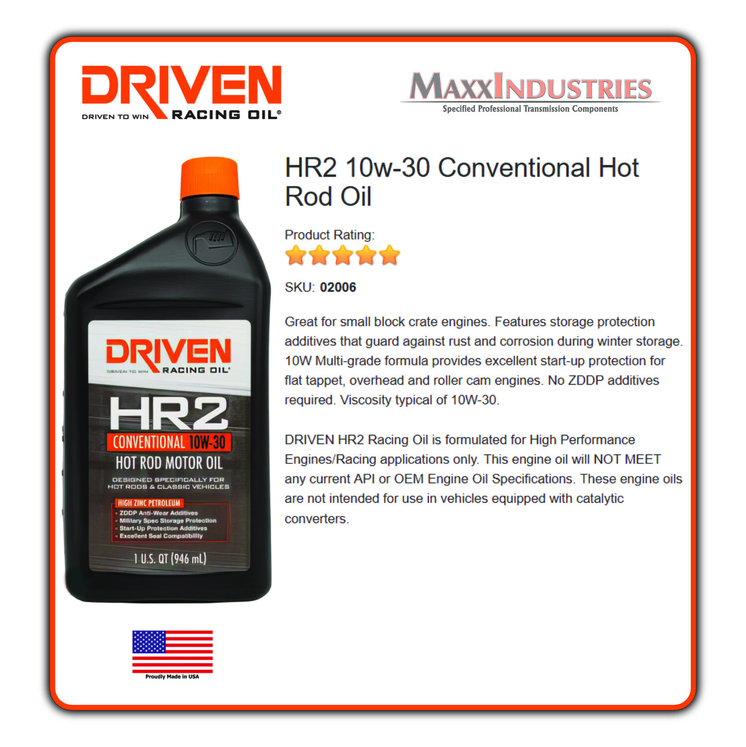 Driven Motor Oil – HR2 Hot Rod Oil – High Zinc – 10W30 – Conventional – 12qt
