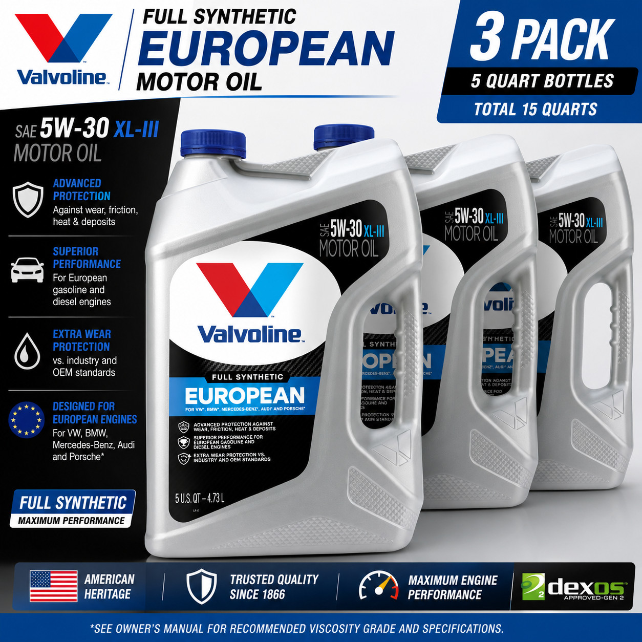 VALVOLINE 881167 European Vehicle Full Synthetic XL-III SAE 5W-30; Easy Pour 5Qt