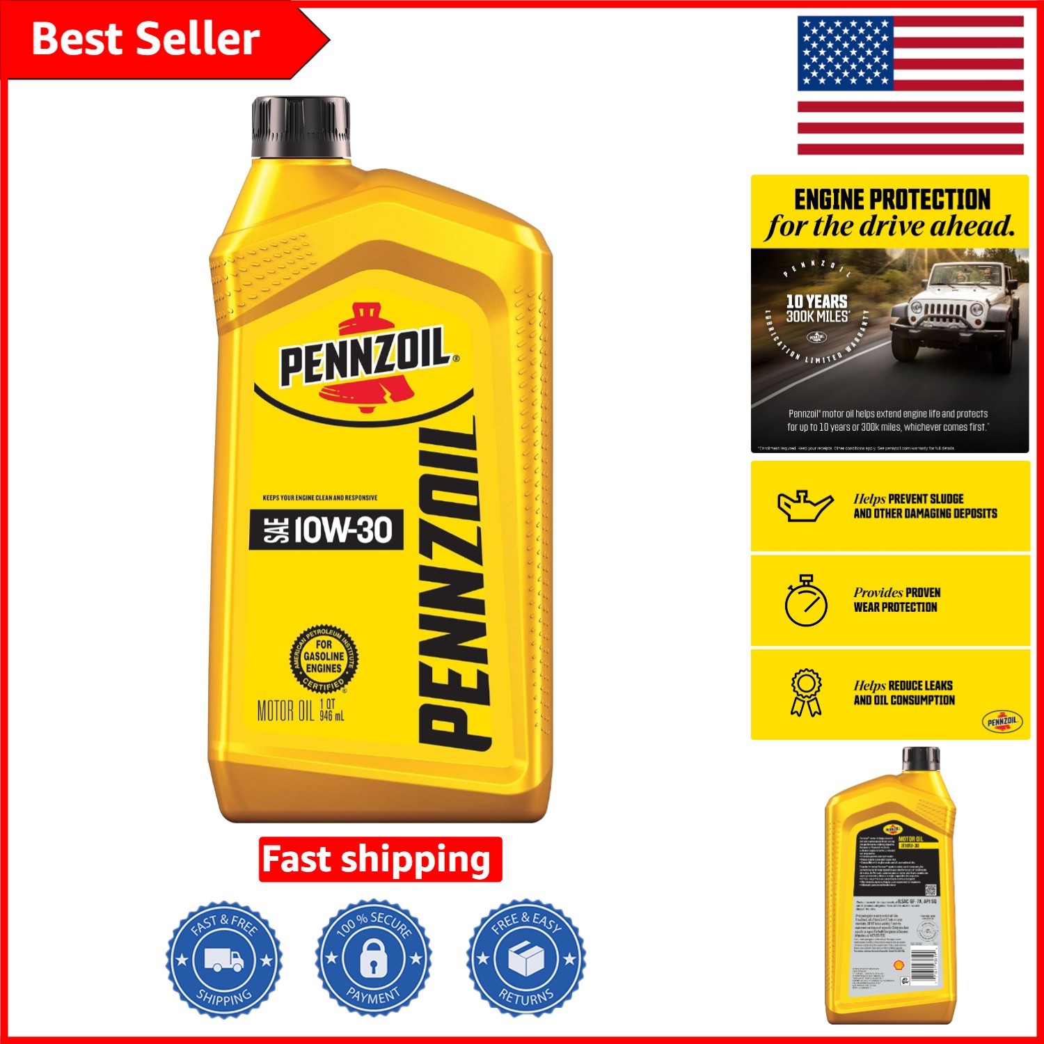 Pennzoil 10W-30 Conventional Motor Oil – 1 Quart for Universal Fit Vehicles