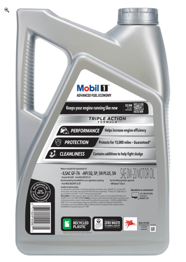 Mobil 1 Advanced Fuel Economy Full Synthetic Motor Oil 0W-20, 5 Quart