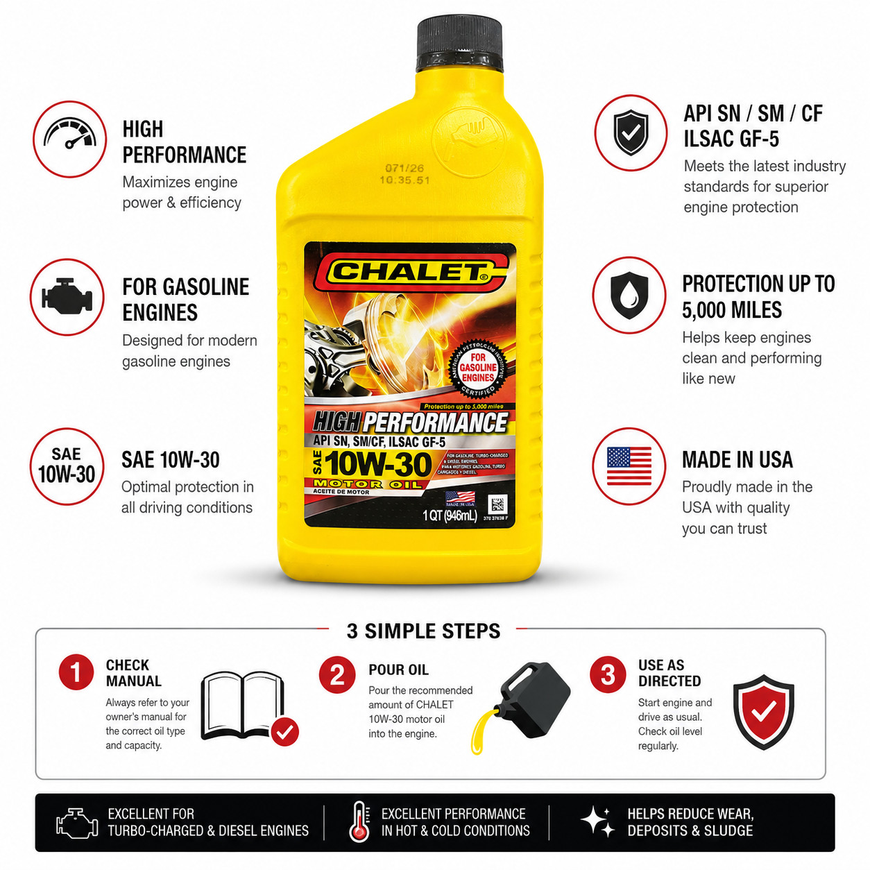 Chalet High Performance Motor Oil SAE 10W-30 1 QT x 2 Bottles API SN