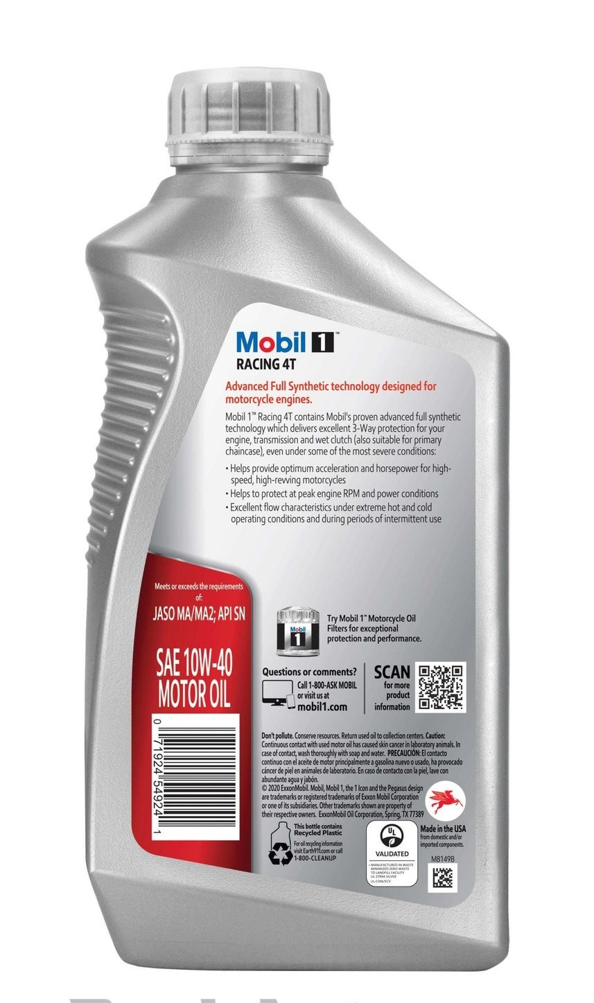 5 PACK-MOBIL Mobil 1 Racing 4T; SAE 10W-40; Full Synthetic; Motorcycle Oil; 1 Qt