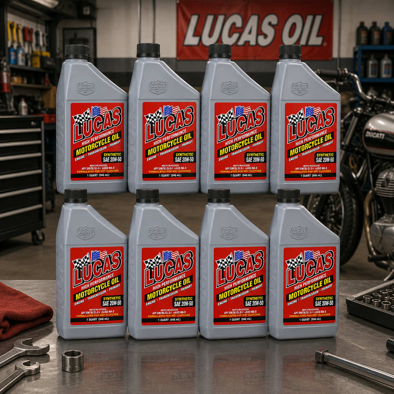 LUCAS OIL 10702 High Performance Synthetic Motorcycle Oil; 20W-50; 1 Quart 8PACK