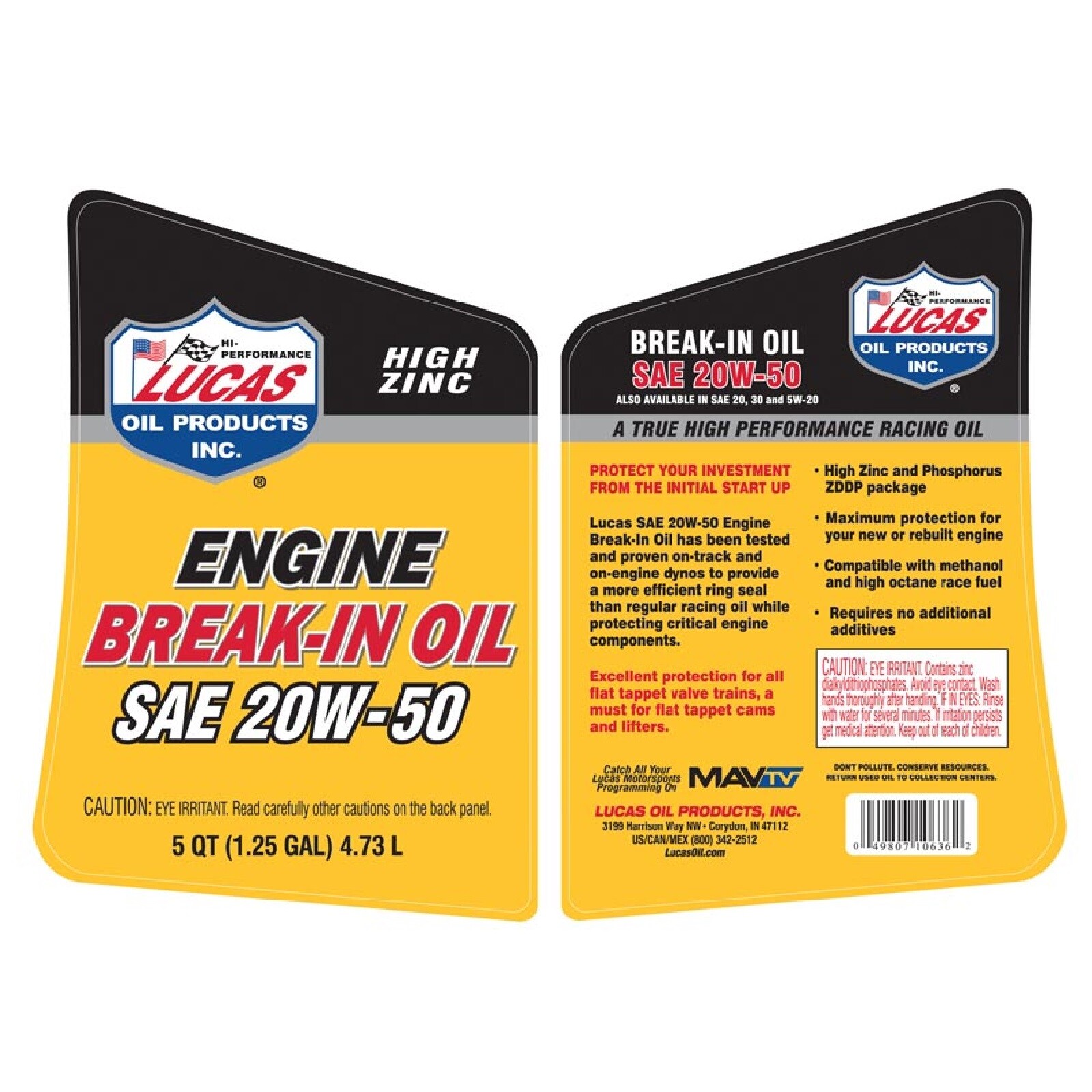 Lucas Oil High Zinc SAE 20W-50 Engine Break-In Oil 5 Quart Bottle Single 10636