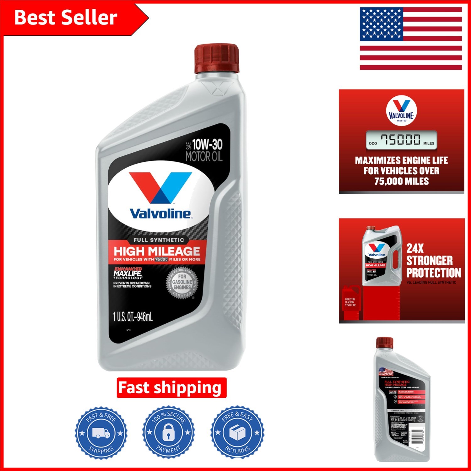 1 QT Full Synthetic High Mileage Motor Oil – Enhanced MaxLife for Older Engines
