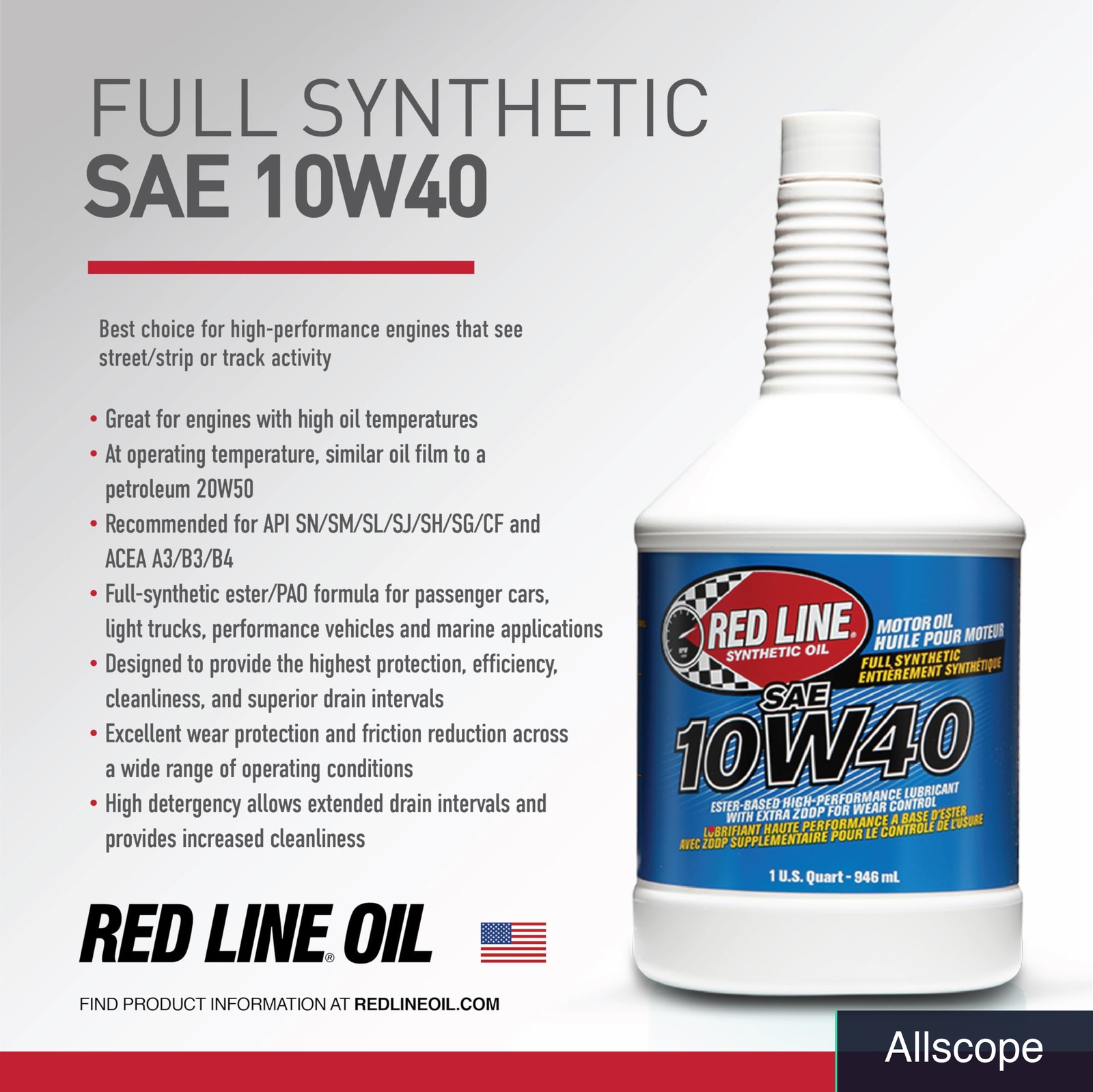 SAE 10W40 Fully Synthetic Motor Oil, One Quart Bottle for Engines