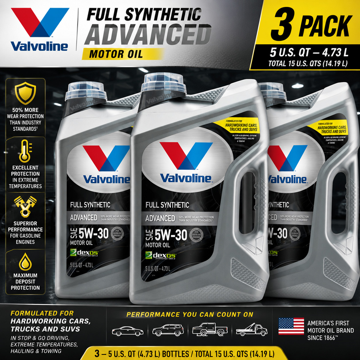 3 PACK — VALVOLINE 881165 Advanced Full Synthetic SAE 10W-30; Easy Pour 5 Quart