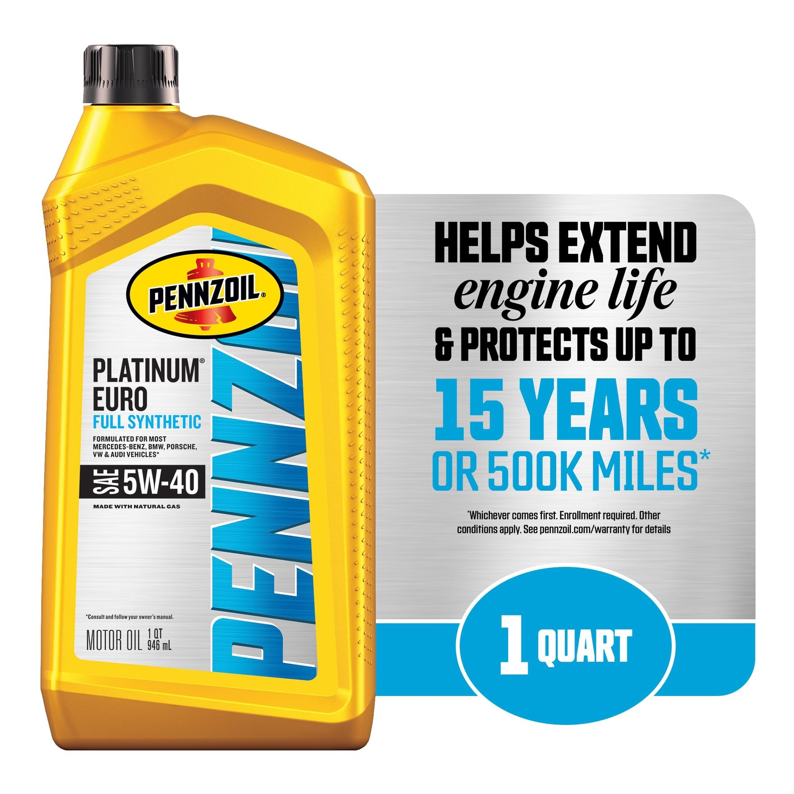 Pennzoil 550051120 5W-40 Platinum Euro Full Synthetic Motor Oil 1 Quart (6 Pack)
