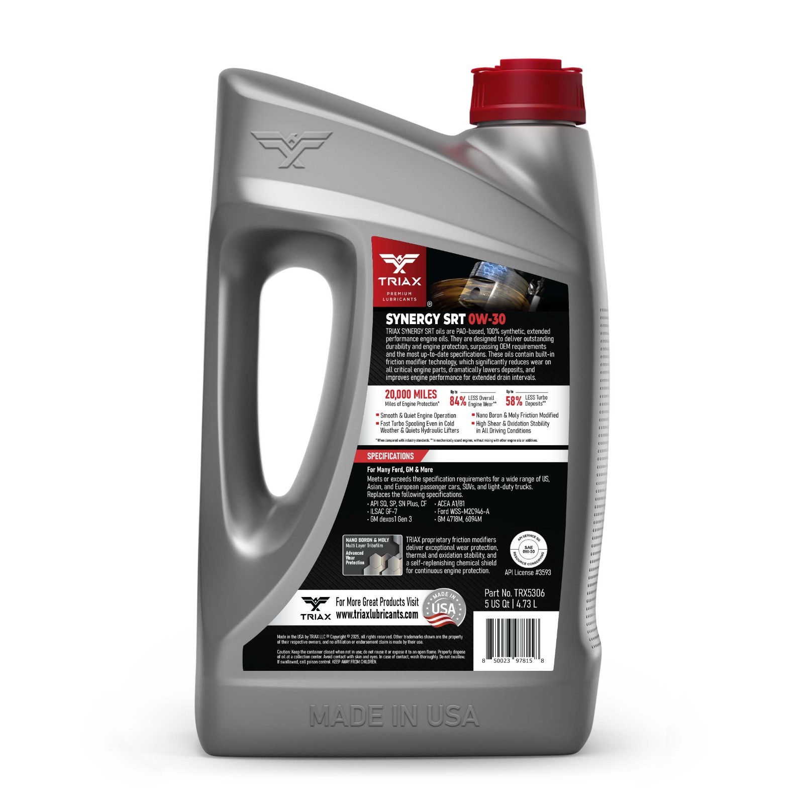 TRIAX Synergy SRT 0W-30 Full Synthetic PAO and Ester Engine Oil (5 Quart Jug)