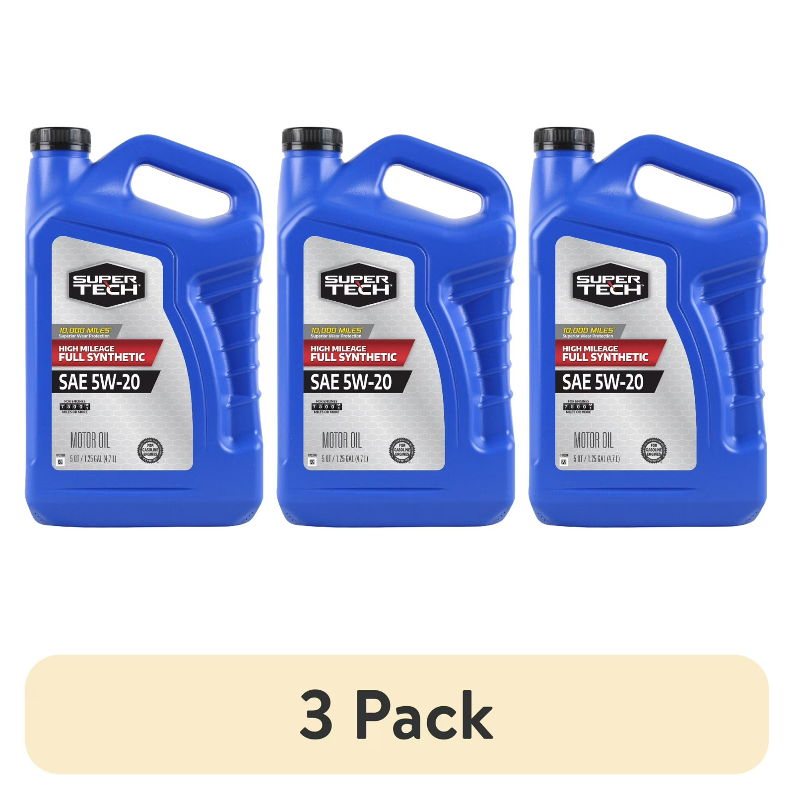 (3 pack) Super Tech High Mileage Full Synthetic SAE 5W-20 Motor Oil, 5 Quarts