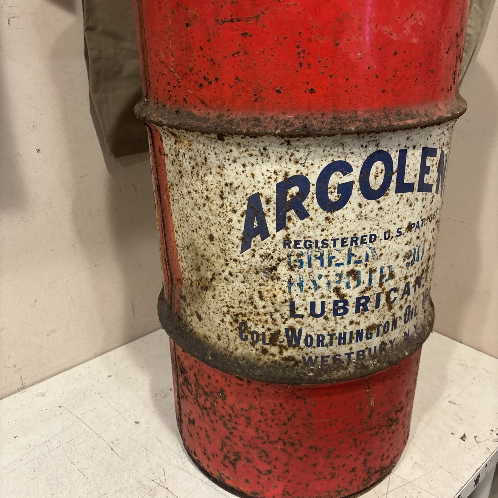 Vintage Large ARGOLENE ARGOMATIC Oil Lubricant Westbury NY Barrel Can 27” High