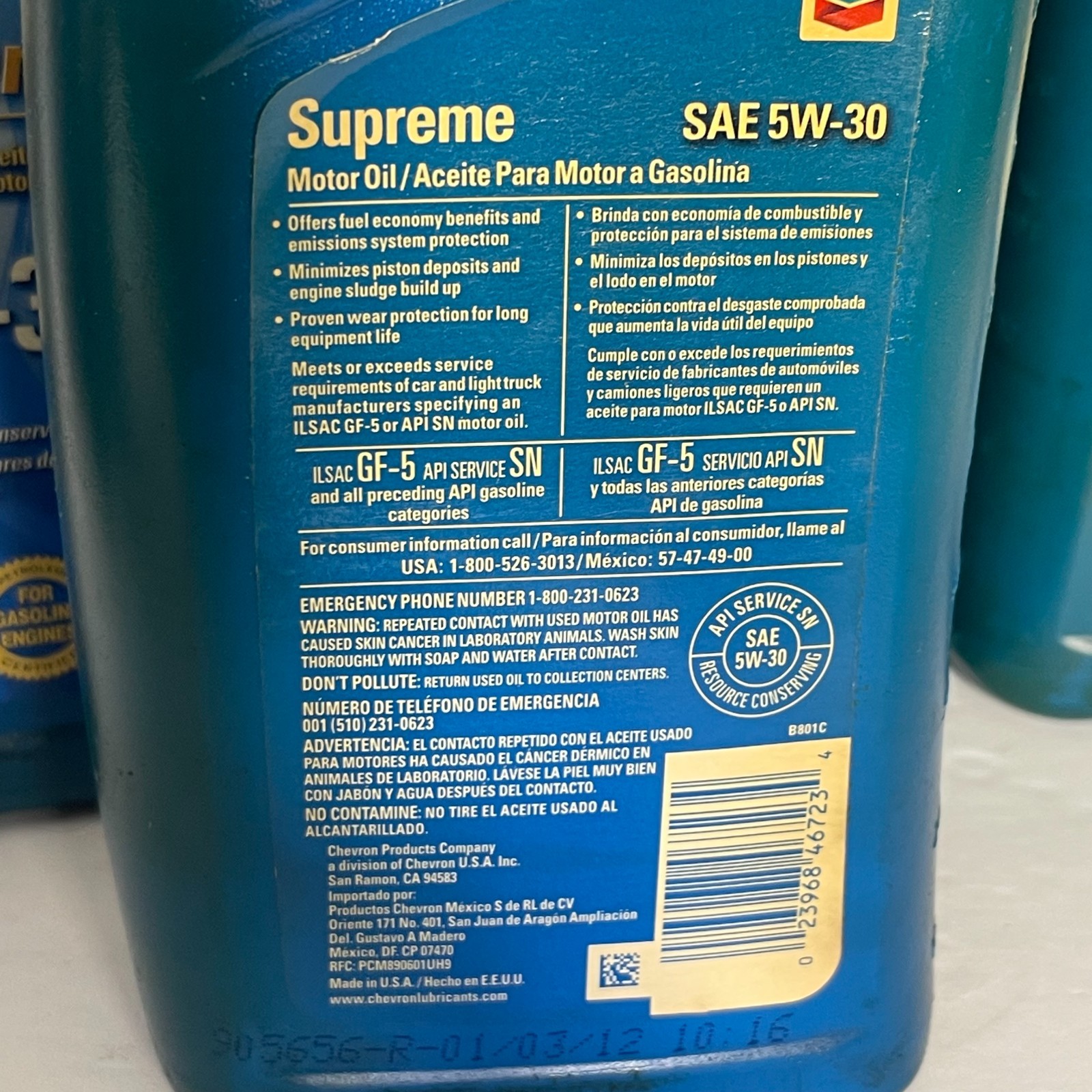 Chevron Supreme Motor Oil SAE 5W-30 1 QT/946 ML 904545-R-01/03/12-Pack of 10