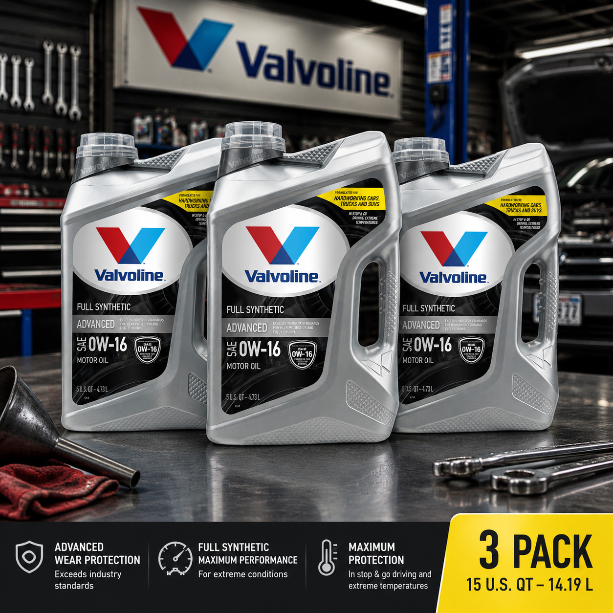 VALVOLINE 878399 Advanced Protection Full Synthetic SAE 0W-16 Easy Pour 5Q 3PACK