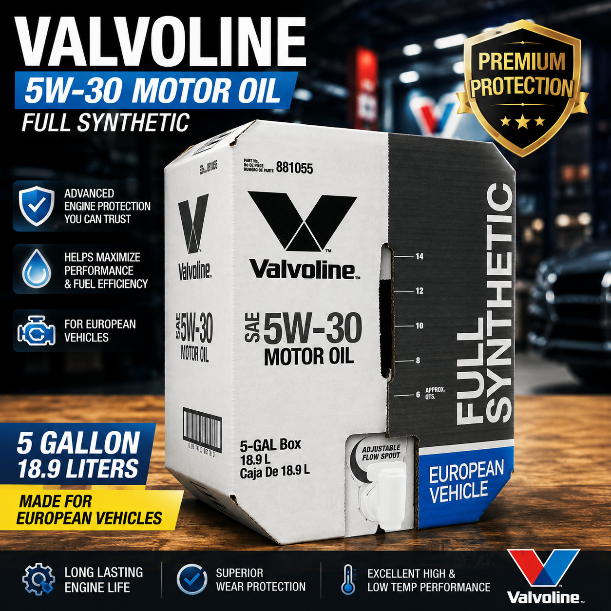 VALVOLINE 881055 European Vehicle Full Synthetic SAE 5W-30; 5 Gallon Bay Box