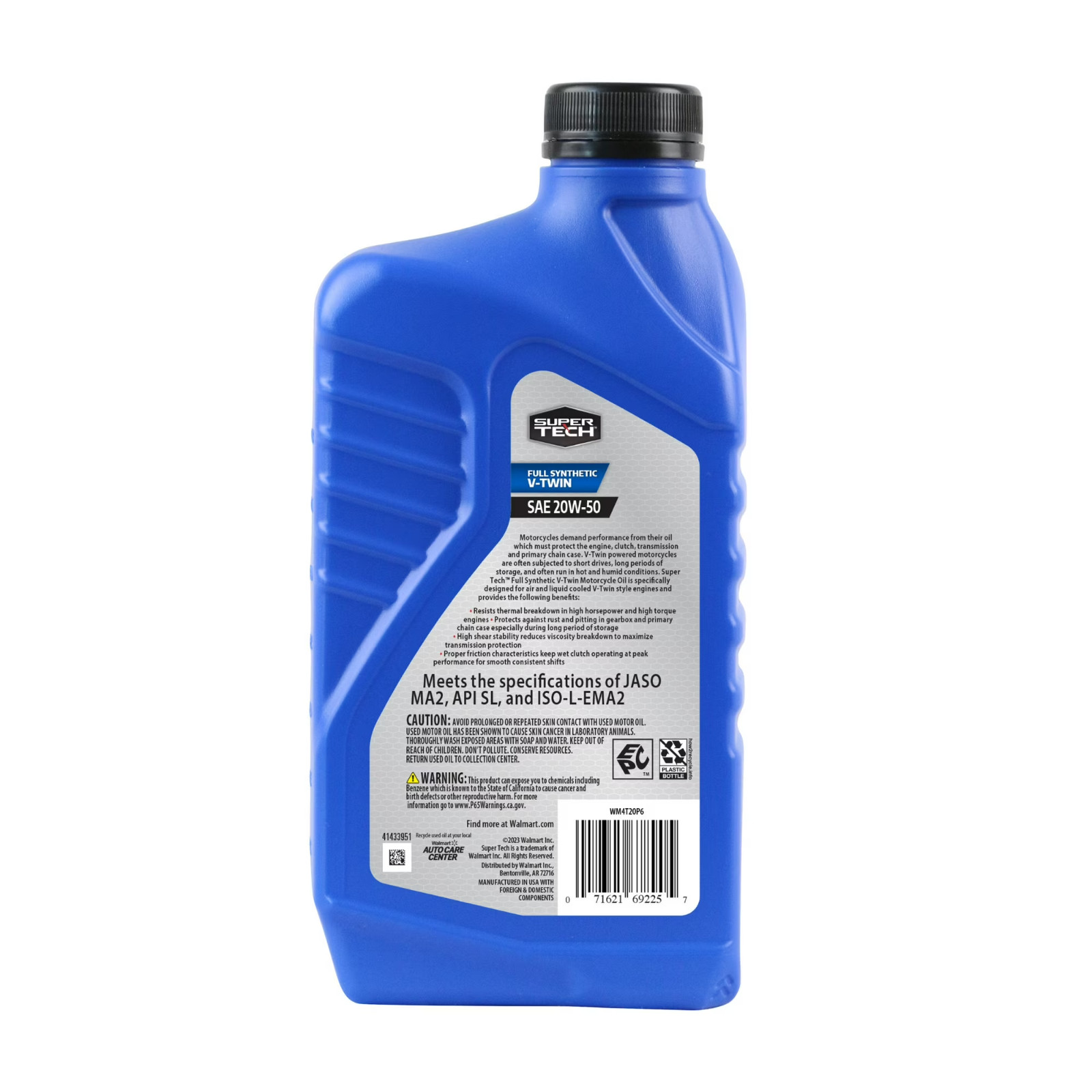 (4 pack) Super Tech Full Synthetic SAE 20W-50 V-Twin Motorcycle Oil, 1 Quart