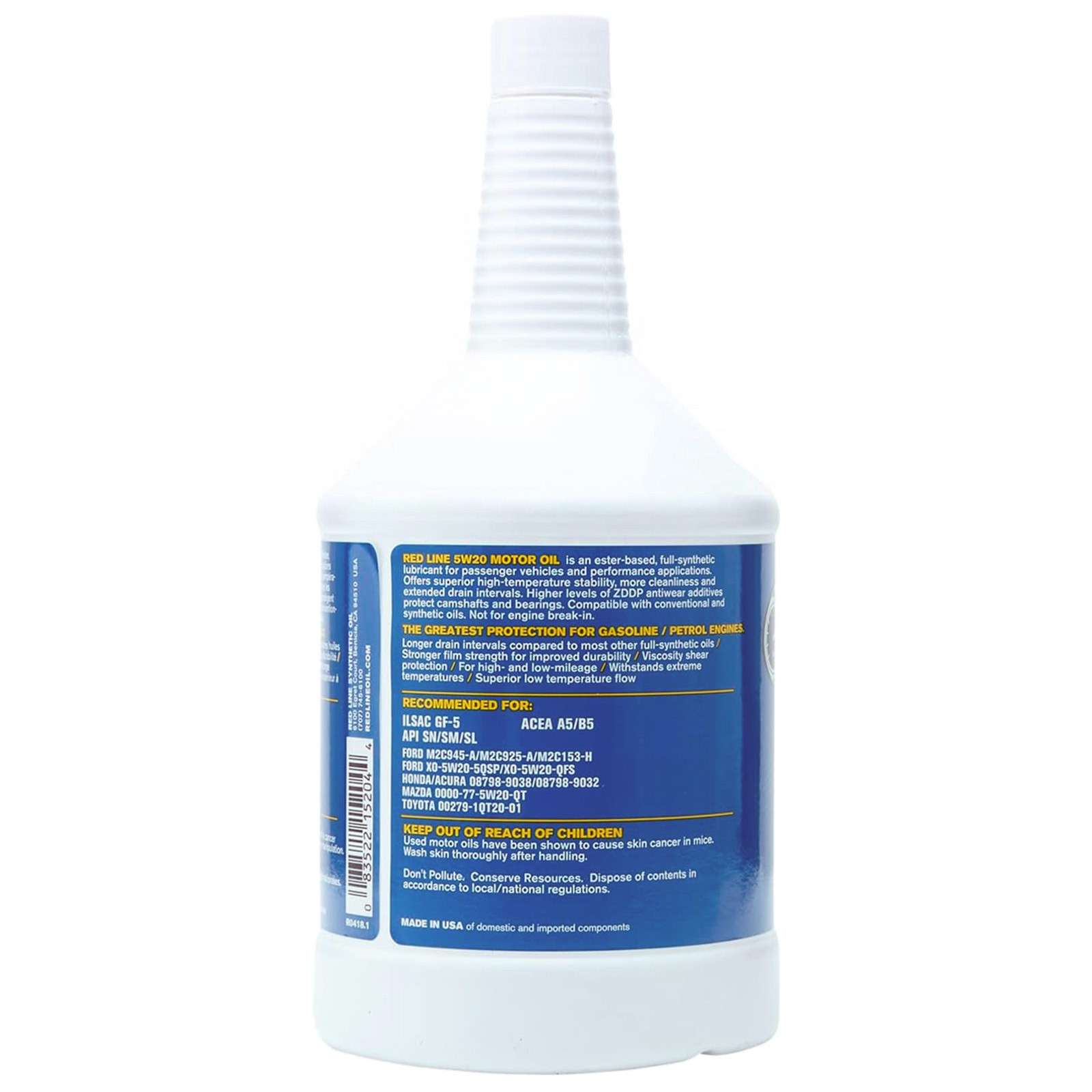 Red Line Oil Full Synthetic 5W20 Engine Motor Oil 1 Quart Bottles Pack of 8