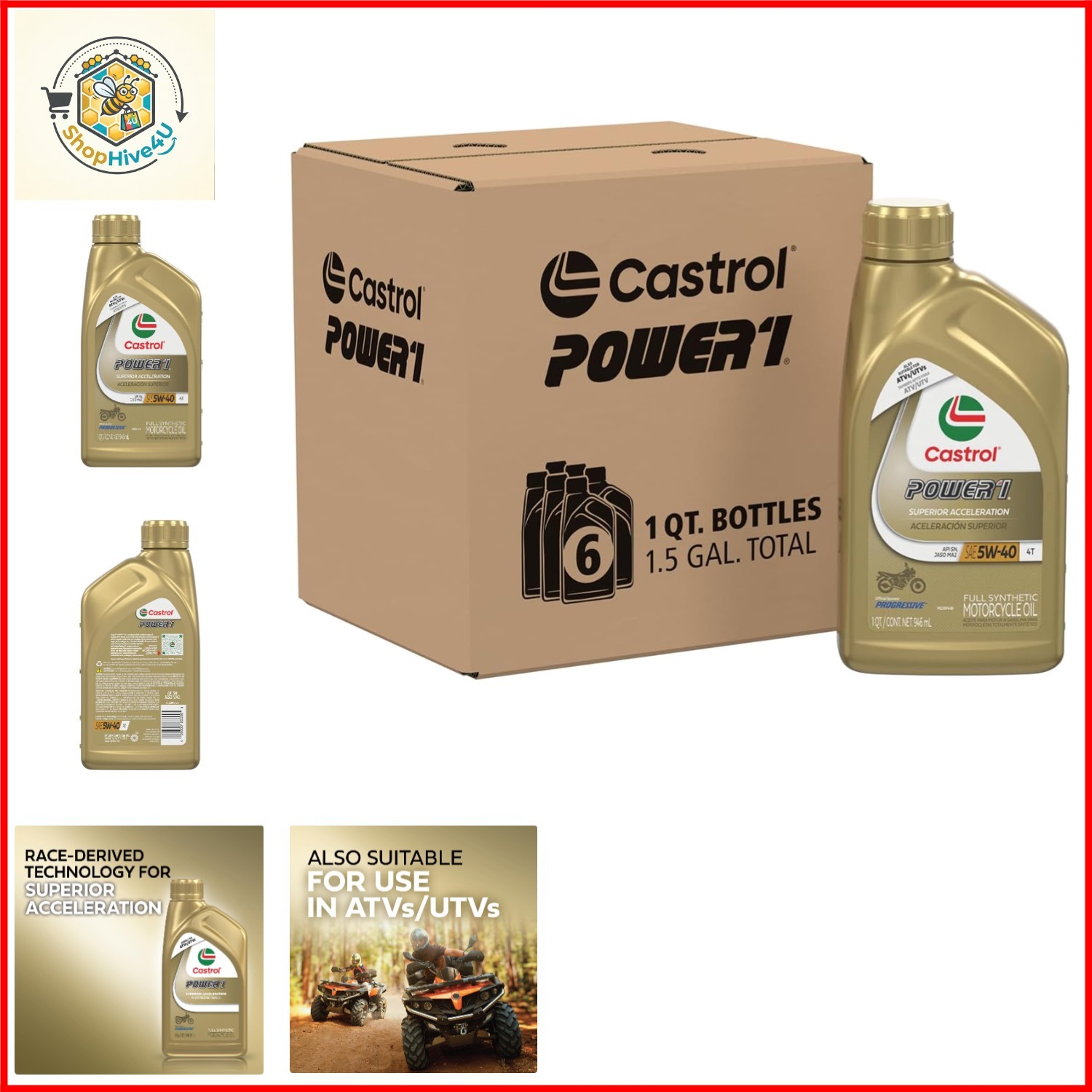 Power1 4T 5W-40 Full Synthetic Motorcycle Oil, 1 Quart, Pack of 6