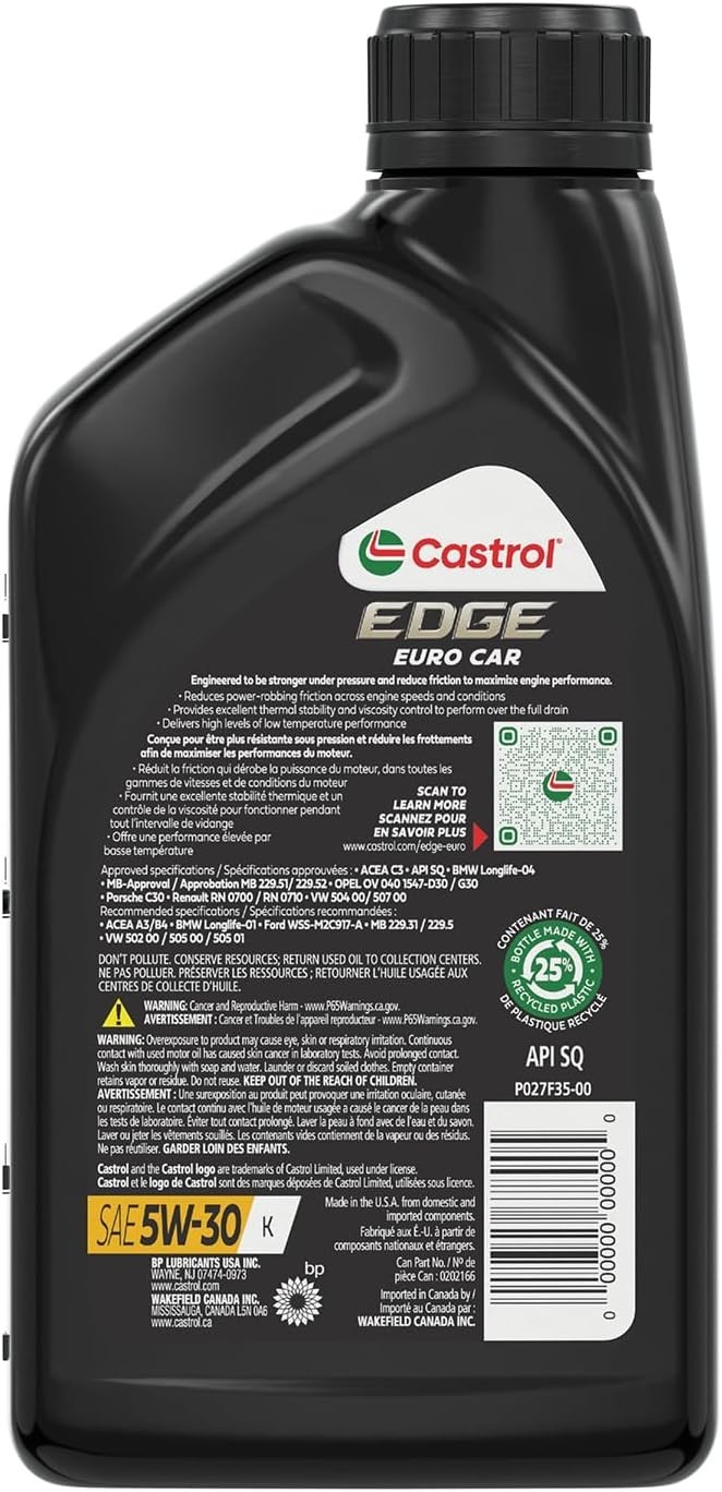 EDGE Euro 5W-30 K Advanced Full Syn Motor Oil, 1 Quart, Pack of 6