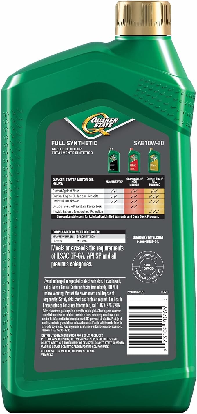Quaker State Gen 3 Full Synthetic Dexos 10W-30 Motor Oil (1-Quart, Case of 6)