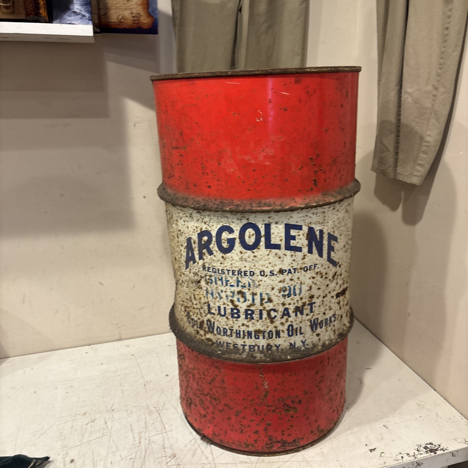Vintage Large ARGOLENE ARGOMATIC Oil Lubricant Westbury NY Barrel Can 27” High