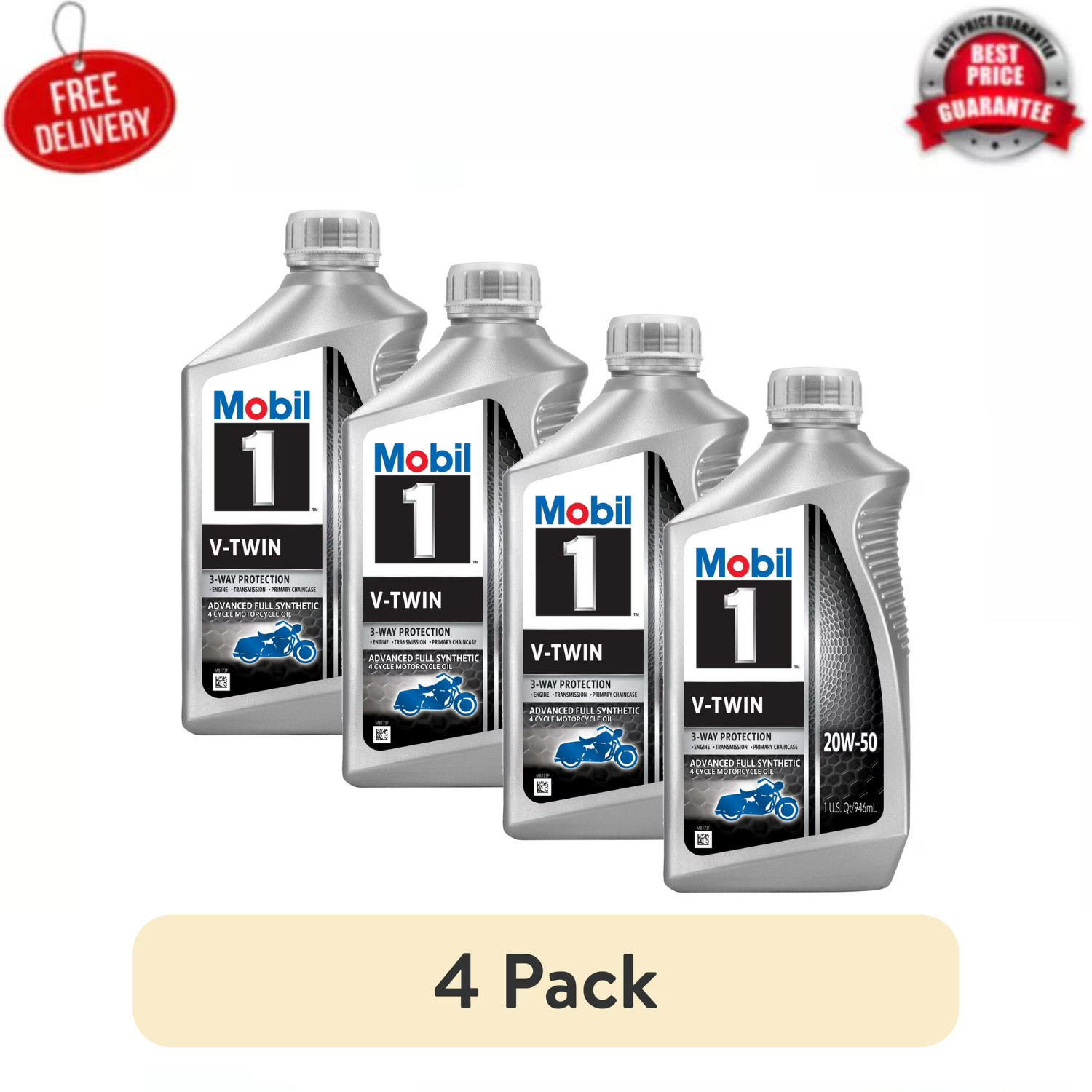 (4 pack) Mobil 1 V-Twin Full Synthetic Motorcycle Oil 20W-50, 1 Quart