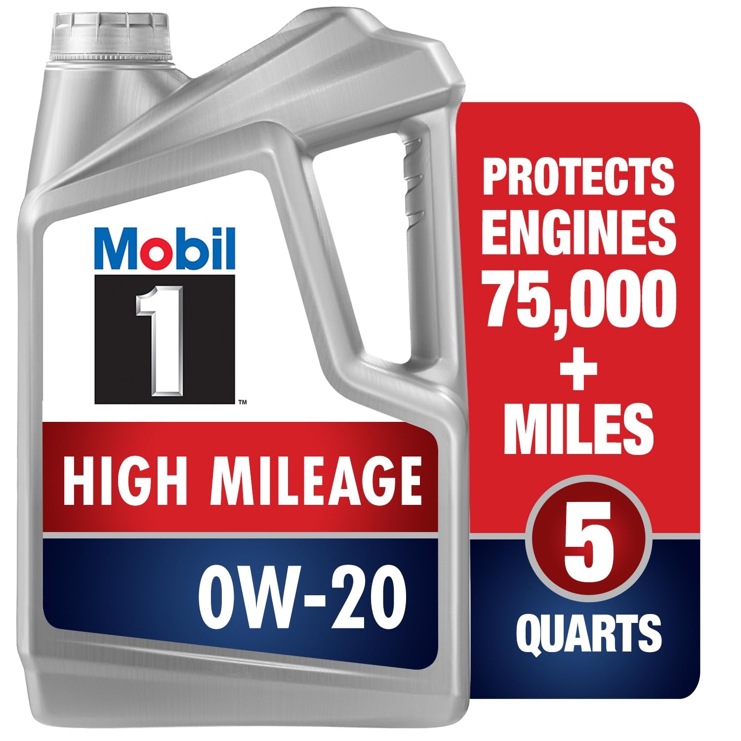 Mobil 1 High Mileage Full Synthetic Motor Oil 0W-20, 5 Quart 5 Quart, Gray