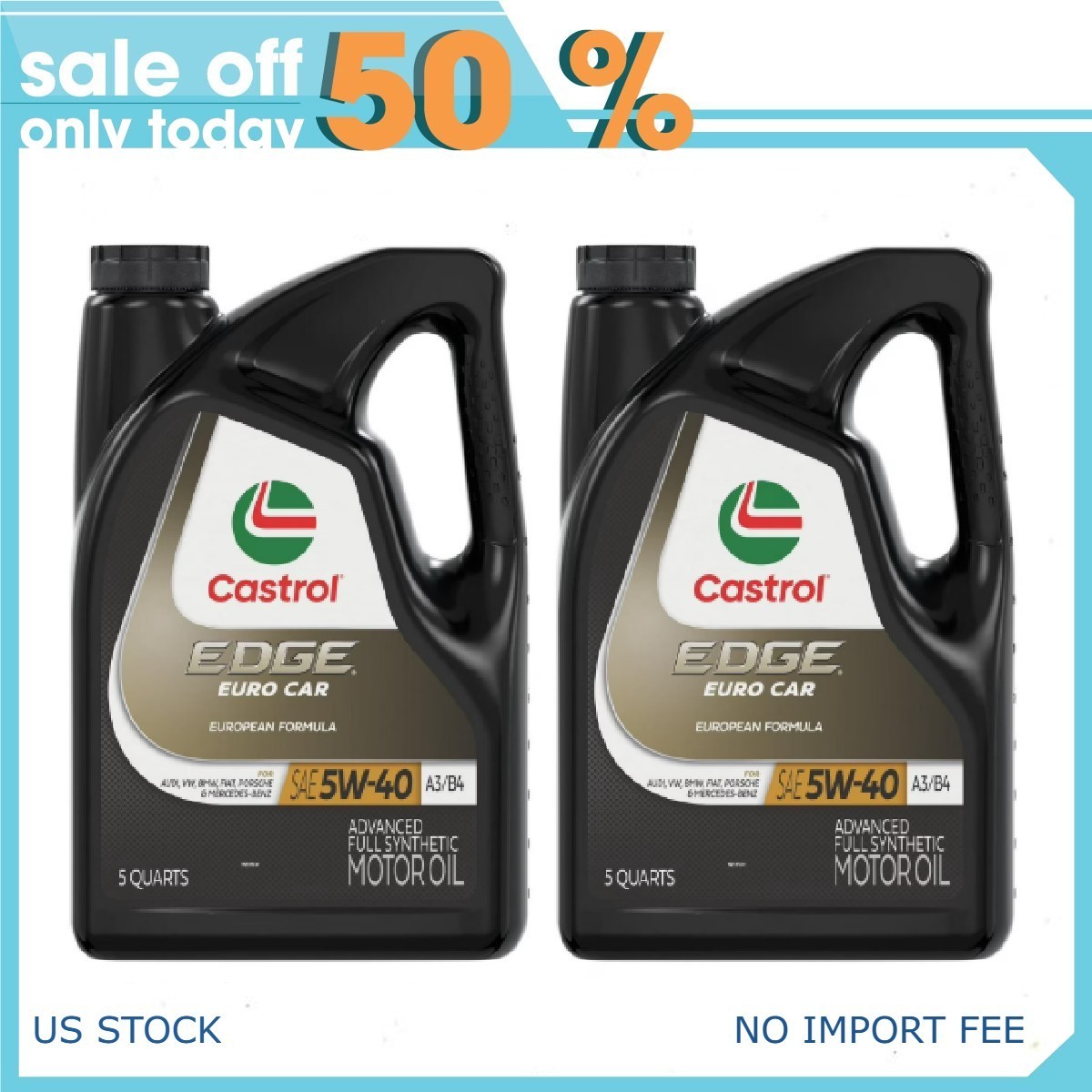 (2 pack) Castrol EDGE Euro 5W-40 A3/B4 Advanced Full Synthetic Motor Oil,5 Quart