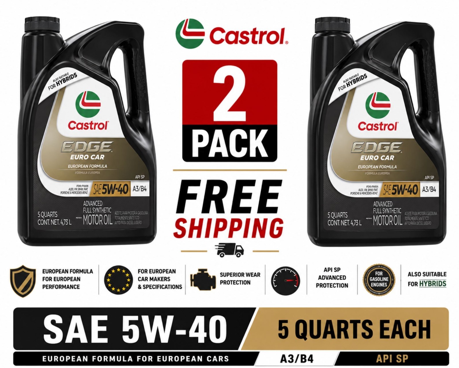 2 Pack Castrol EDGE Euro Car Standard Full Synthetic 5W-40 Engine Oil 5 Quart