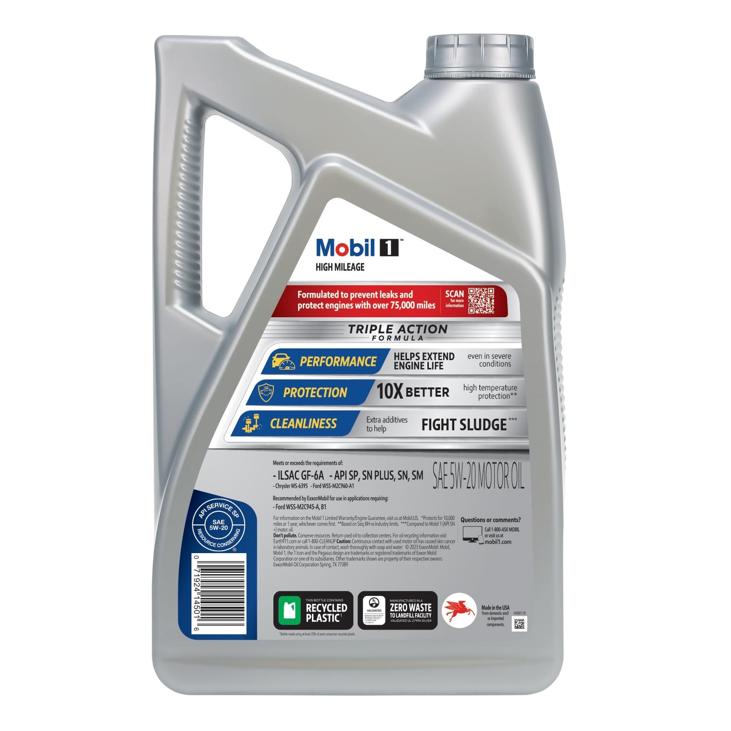 Mobil 1 High Mileage Full Synthetic Motor Oil 5W-20, 5 Quart 5 Quart, Gray
