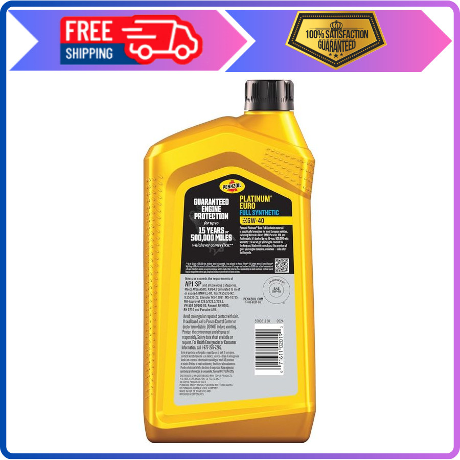 Pennzoil Platinum Euro Full Synthetic 5W-40 Motor Oil, 1 Quart (6 Pack)