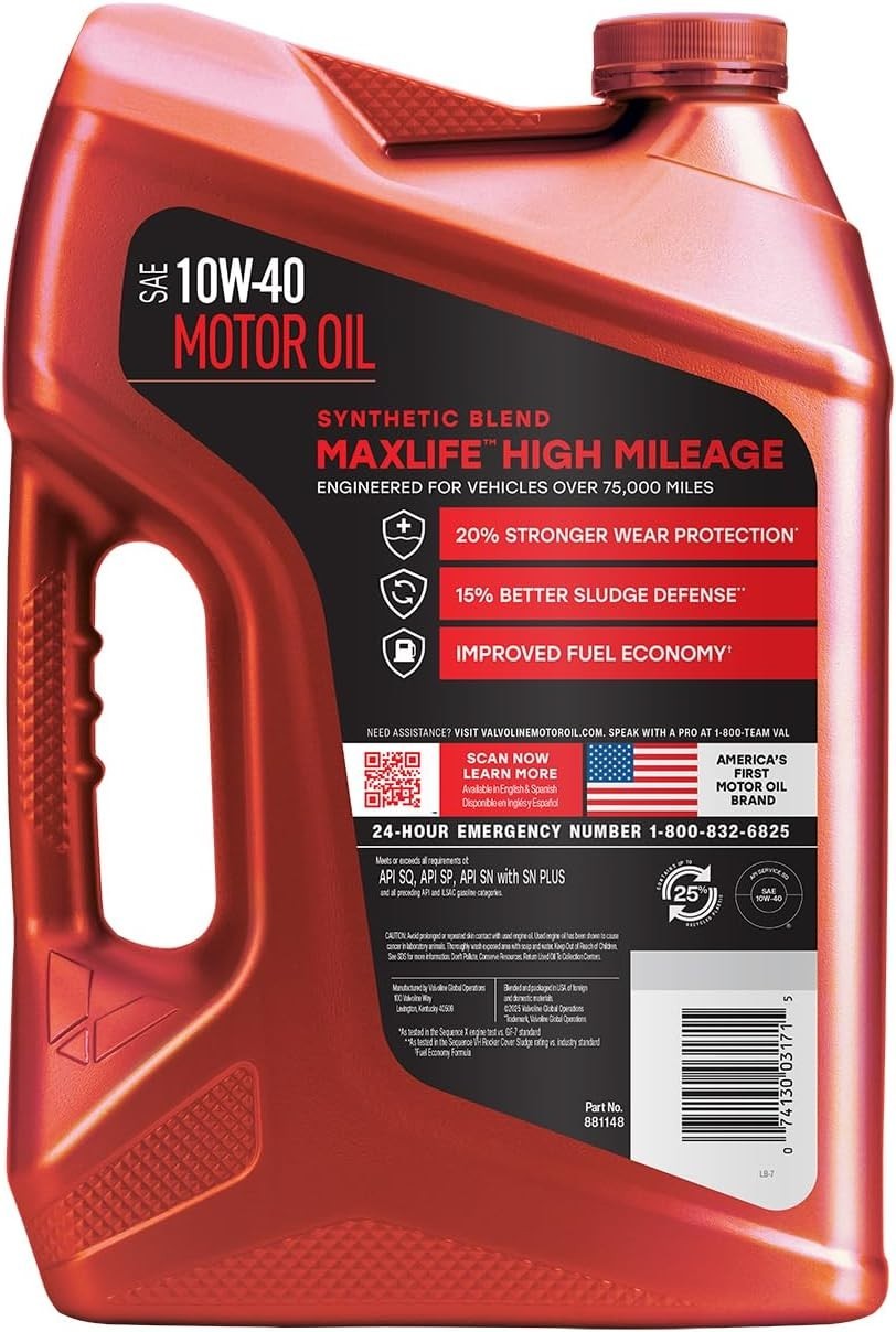 MaxLife Technology 10W-40 Engine Oil, 5 QT Bottle for High Mileage Cars