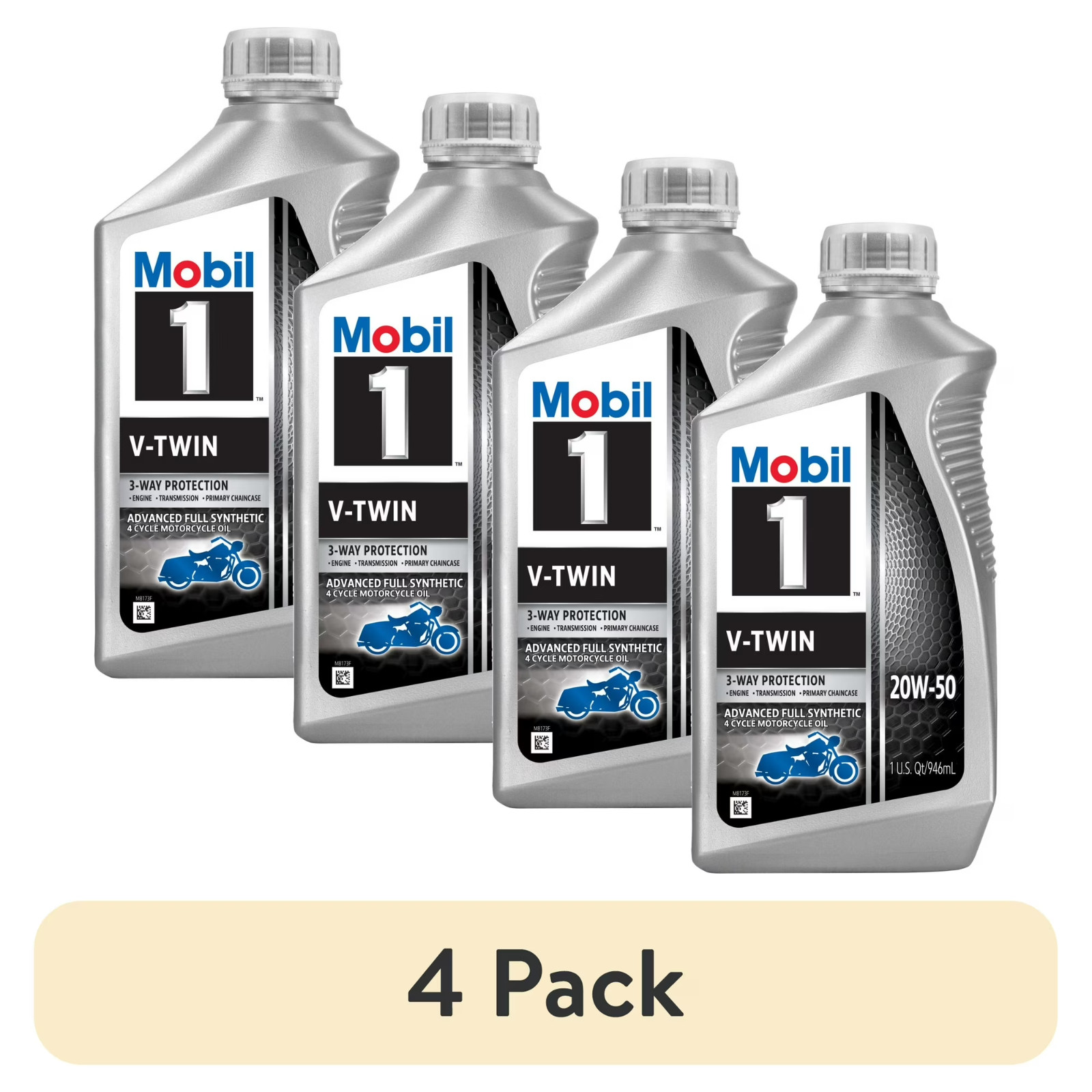 (4 pack) Mobil 1 V-Twin Full Synthetic Motorcycle Oil 20W-50, 1 Quart