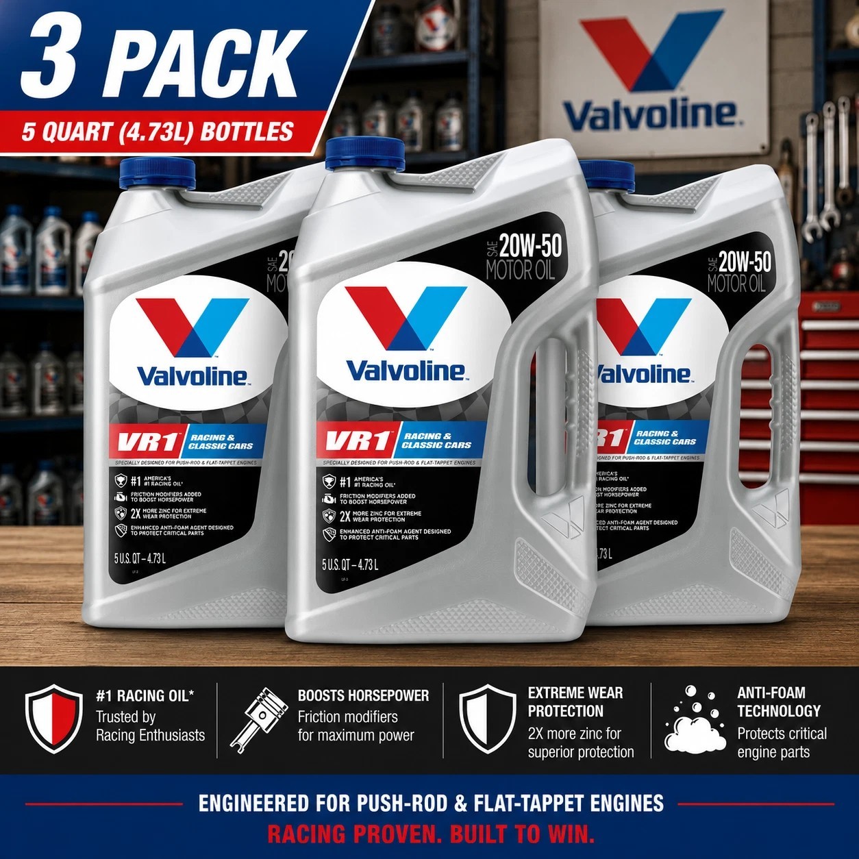 3 PACK – VALVOLINE 881172 VR1™ Racing SAE 20W-50 Motor Oil – 5 Quart Easy Pour