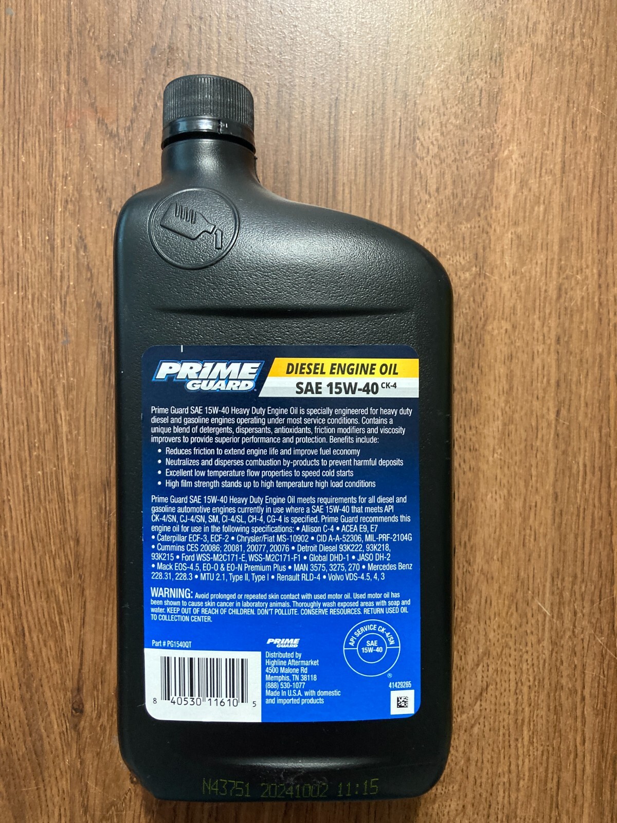 prime guard SAE 15w-40 engine oil diesel heavy duty