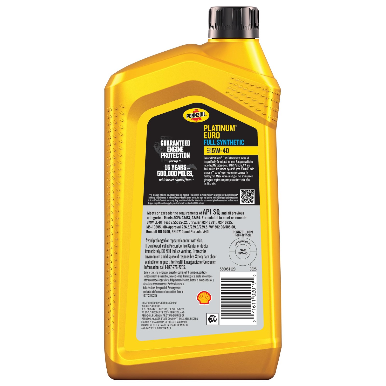 Platinum Euro Full Synthetic 5W40 Motor Oil, 1 Quart
