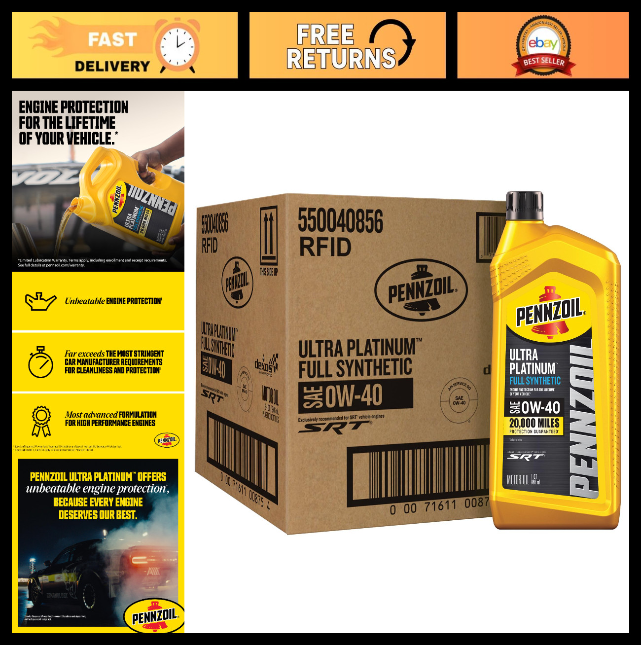 Full Synthetic 0W-40 Motor Oil – Ultra Platinum, 1 Quart (6 Pack) – High Perform