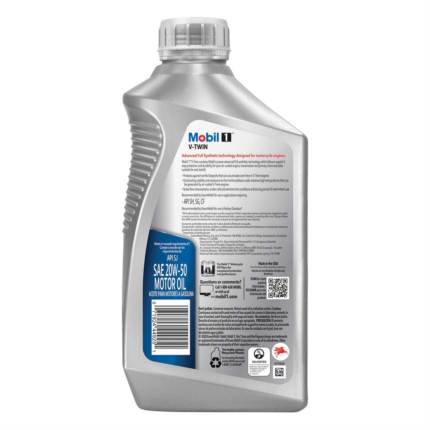 Mobil 1 V-Twin Full Synthetic Motorcycle Oil 20W-50, 1 Qt, Case/6