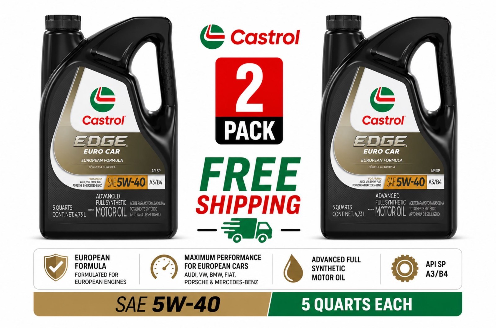 2 Pack Castrol EDGE Euro Car Standard Full Synthetic 5W-40 Engine Oil 5 Quart