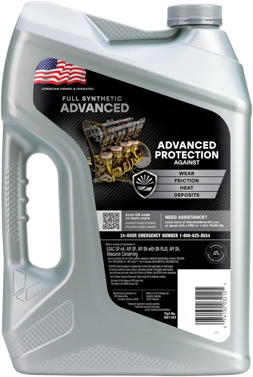 Valvoline Advanced Full Synthetic SAE 5W-30 Motor Oil 5 QT For Car, Truck, SUV