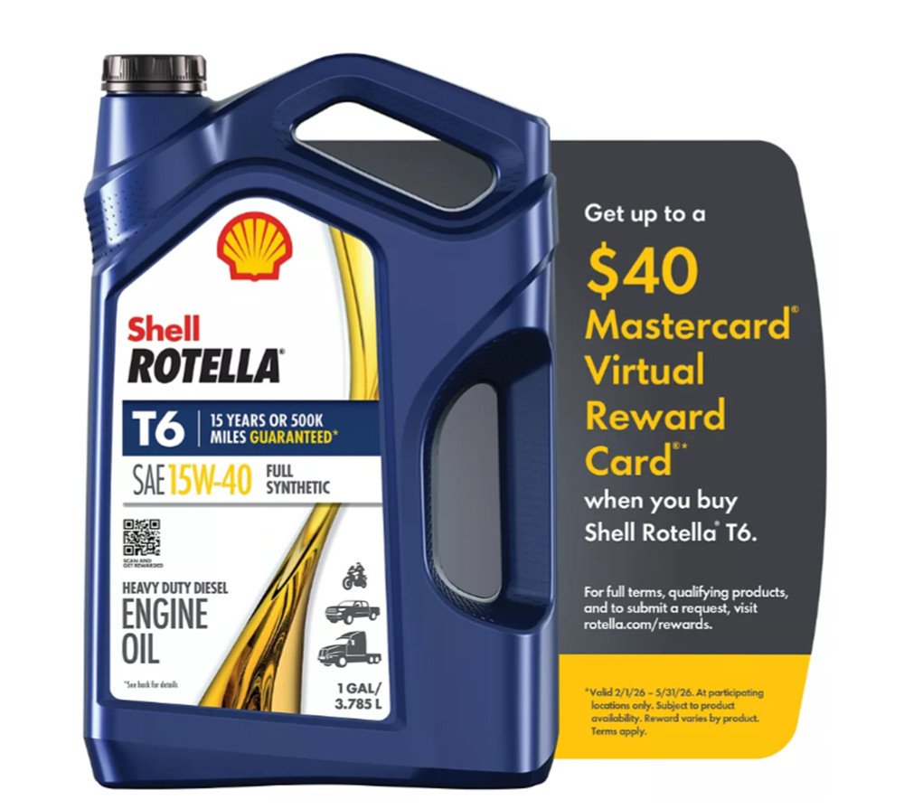Shell Rotella 550050467 15W-40 T6 Full Synthetic Oil for Diesel Engine, 1 gal
