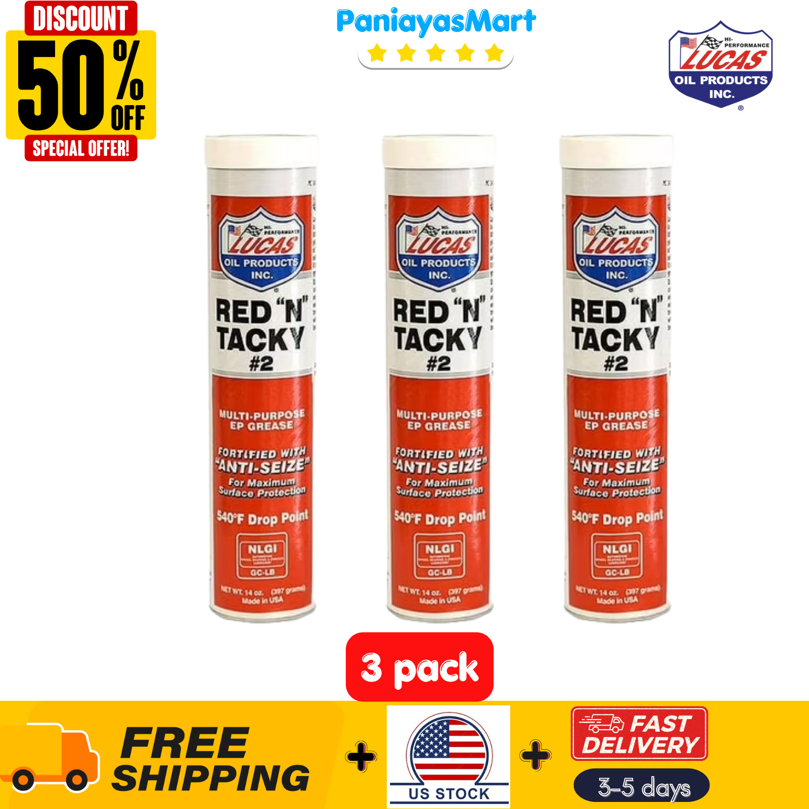 (3 pack) Lucas 10005 Red N Tacky EP Grease Multi-Purpose Lubricant 14 Oz