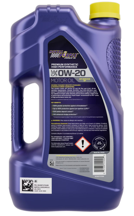(2 pack) Royal Purple High Performance Motor Oil 0W-20 Premium Synthetic 5 QT