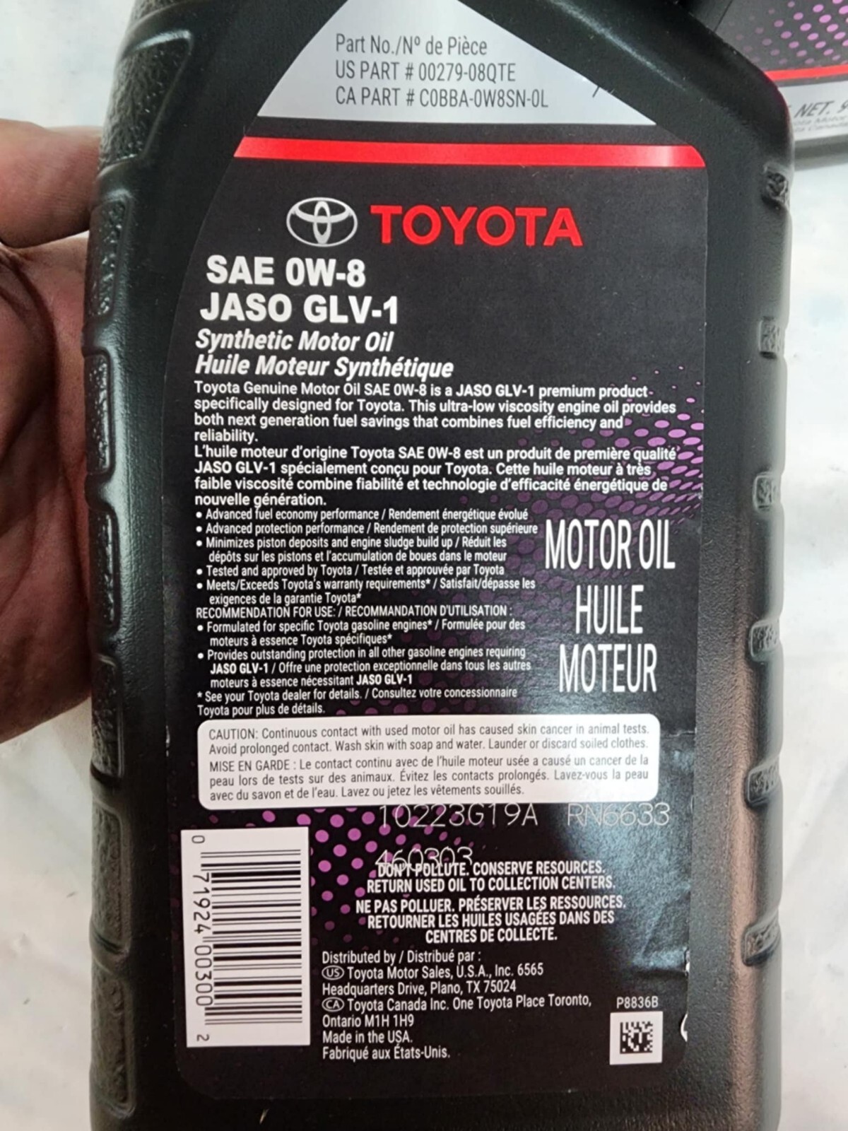 TOYOTA/LEXUS SAE 0W-8 JASO GLV-1 CASE OF 6 QUARTS 00279-08QTE-01