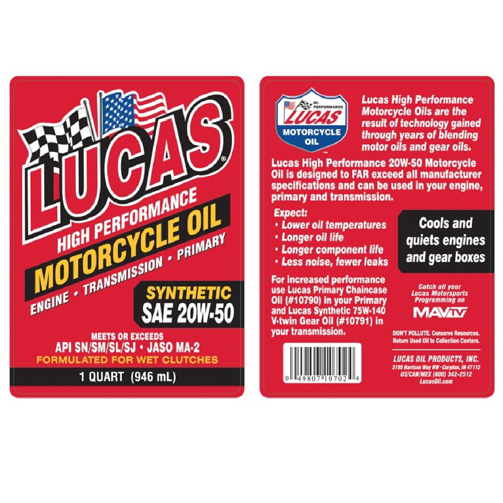 Lucas Oil 10702 Synthetic 20W-50 Motorcycle Engine Oil for Wet Clutches 12 Packs